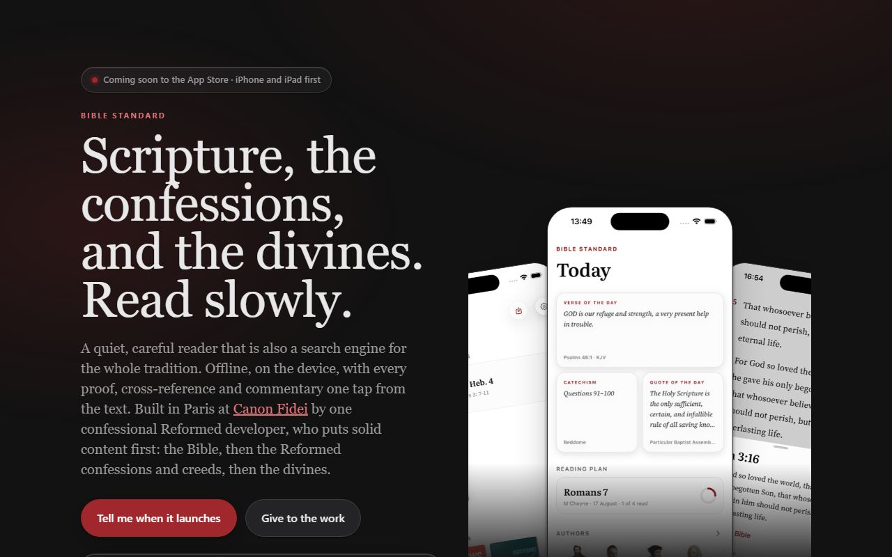 The Bible Standard site, showing the iOS reader on three iPhones.
