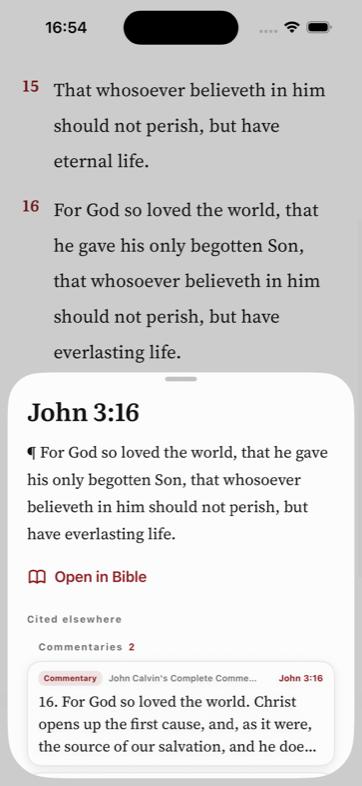 John 3:16 open in the reader with a sheet showing the verse and Calvin's commentary on it.