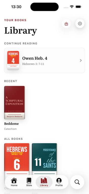 The Library screen showing Continue Reading with Owen on Hebrews, and shelves of book covers.