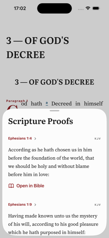 Chapter 3 of the 1689 Confession, Of God's Decree, with a Scripture Proofs sheet open showing Ephesians 1:4 and 1:9.