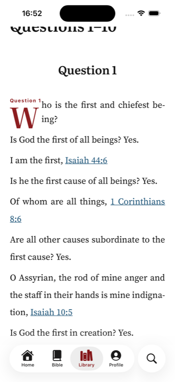 Question 1 of the Baptist Catechism, Who is the first and chiefest being, with linked Scripture references.