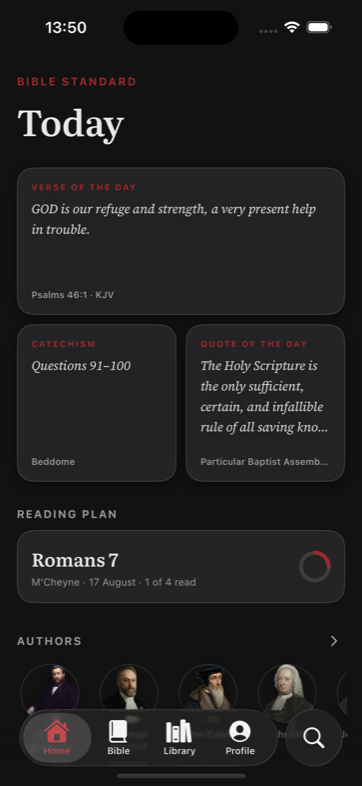 The same Today screen in dark mode, warm off-black rather than pure black.